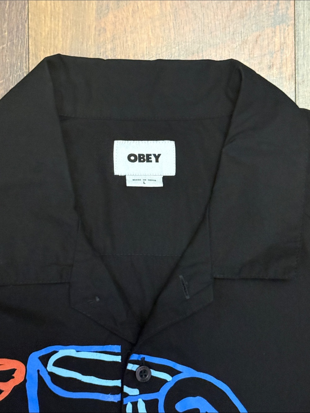 Obey Abstract Line Art Camp Collar Button Up Shirt Black Multicolor Size Large - Picture 2 of 6